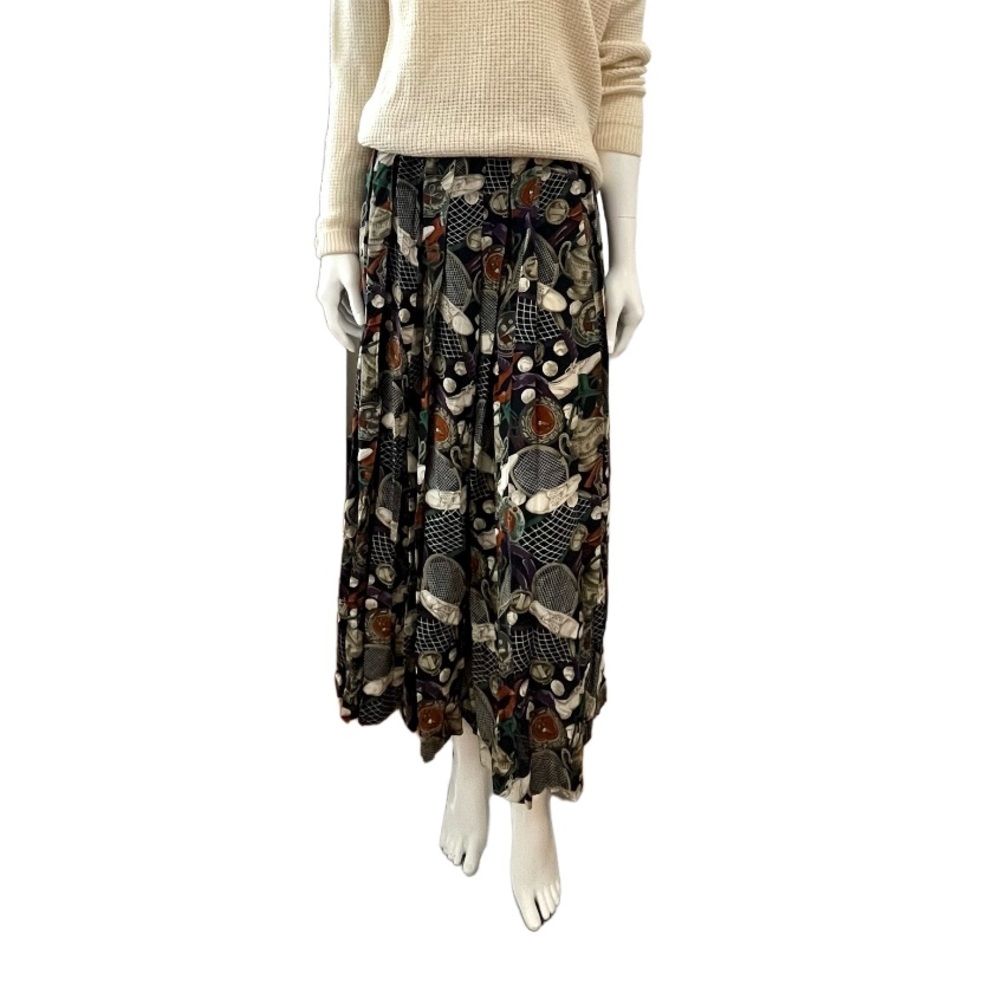 Vintage Silk Pleated Tennis Print Midi Skirt
